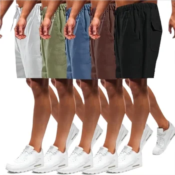 Летняя мужская прямая рабочая одежда повседневные льняные мужские шорты с большим карманом