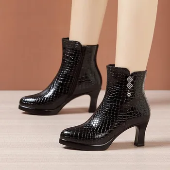  Маленький размер 32-43 Элегантные тонкие туфли на каблуках Сапоги из натуральной кожи Женщины 2023 Офисные дамы Толстые ботильоны на платформе Плюшевые