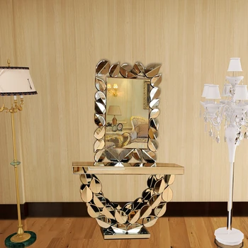 Мебель для дома Гостиная Роскошный металлический стол для прихожей Стеклянный стол с сусальным золотом Современный консольный стол с блестящим алмазным настенным зеркалом