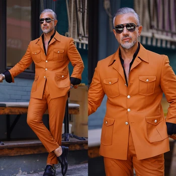 Мода Мужчины Свадебные Костюмы Оранжевый 2 шт. Осеннее пальто Бизнес Причинный дизайнерский пиджак Брюки Изготовленные на заказ