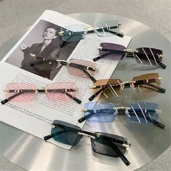 Модные солнцезащитные очки без оправы для мужчин и женщин Модные безрамочные прямоугольные солнцезащитные очки Ретро оттенки Летние дорожные очки UV400