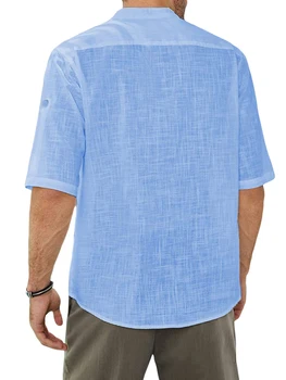  Мужская летняя футболка Льняная рубашка с коротким рукавом Воротник-стойка Застежка на пуговицы Однотонные летние базовые топы для повседневных повседневных (Navy S)