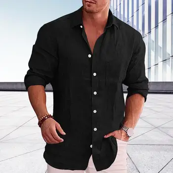 Мужская однотонная рубашка Стильные мужские повседневные рубашки Лацканы Однобортные топы с длинным рукавом и накладными карманами для рабочей уличной одежды
