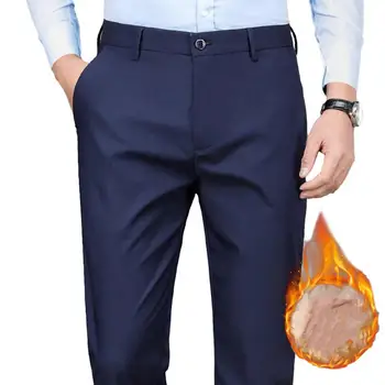 Мужские зимние брюки Мягкие утолщенные плюшевые мужские деловые брюки Без складок Прямые штанины средней талии Эластичные карманы для офиса