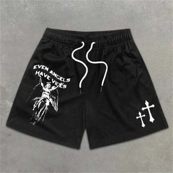 Мужские шорты для спортзала Y2K Хип-хоп с принтом креста Мешковатые спортивные шорты Harajuku Summer Fashion Casual Beach Streetwear Running Short Pants
