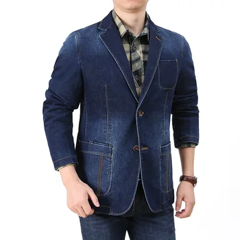 Мужчины Джинсовый пиджак Пиджак Однобортный карман Синяя повседневная блузка Осень Мужская верхняя одежда Slim Man Cowboy Blazer Masculino