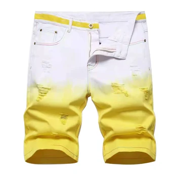 Мужчины Летние джинсовые шорты Y2K Причудливый градиентный цвет Бриджи Модные дырки Рваные узкие прямые джинсы