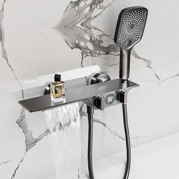 Немецкий медный пистолет Серый цифровой дисплей Набор душевых насадок Ванная комната Настенная ванна с водопадом Смеситель для горячей и холодной