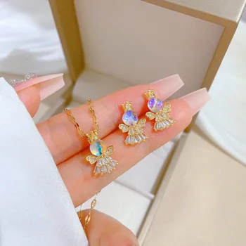 нержавеющая сталь ангельские кристаллы синий Aurora Borealis украшенные женские серьги ожерелье ювелирные изделия набор свадебная помолвка свадебный подарок