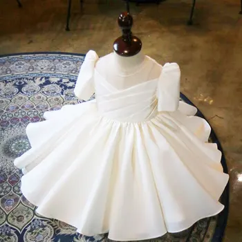 Новая модель Лето Осень Мода Сплошной Белый Плиссе Детская Вечеринка Платье Детские Девочки День Рождения Платья