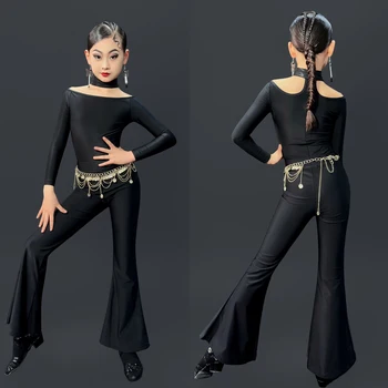 Новая одежда для бальных танцев для девочек Латиноамериканские танцевальные костюмы Черный латиноамериканский топ Современные танцевальные брюки Детская одежда для танцев самба румба DWY9705