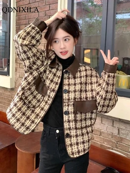Новая тысяча клетчатых пиджаков для женщин осень и зима 2023 Корейское женское пальто с длинным рукавом Luxury Chic Spliced Short Top