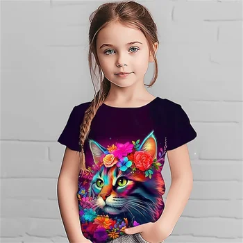  новая футболка для девочек красочный принт котенка с коротким рукавом 4-12 лет симпатичная девочка подходит топ корейская мода повседневная детская одежда