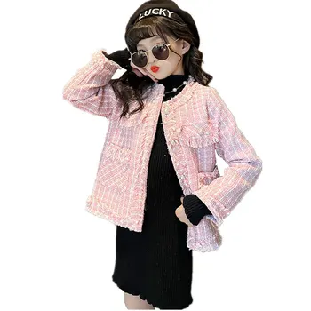 Новинка 2023 Осенняя одежда для детей и девочек Твидовое пальто с длинным рукавом Модный синий розовый цвет Куртка Принцесса Наряды Топы 5-14 лет