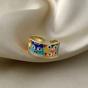 Новые красочные кольца ручной работы из эмали с милыми глазами, золотые цветные металлические капающие масляные кольца, открывающие коренастые кольца на пальцах для женщин, украшения для вечеринок