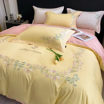 Новый высококачественный простой и легкий роскошный хлопковый набор из четырех предметов, простая вышивка постельное белье лилия