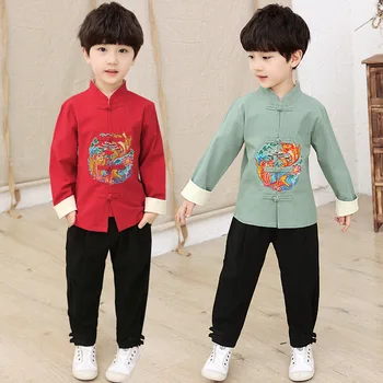  Новый год Китайский стиль Тан Комплект одежды Мальчики Выступление Костюмы Вышивка Рыба Ханьфу Набор 2 шт. Длинный рукав Наряд Рубашка и брюки
