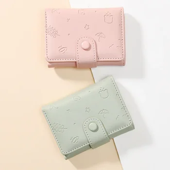 Новый симпатичный PU кошелек женский ins короткий мультяшный принт чистый цвет маленькая свежая сумка для открыток многофункциональный трехстворчатый кошелек