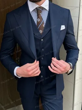 Новый темно-синий деловой костюм Мужчины Смокинги Жених Жених Выпускной Свадебная вечеринка Формальный набор из 3 предметов Куртка Жилет Брюки B38