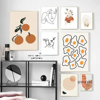 оранжевый геометрический Девушка Простые листья Абстрактный холст Живопись Скандинавские плакаты и принты Настенные картины для декора гостиной