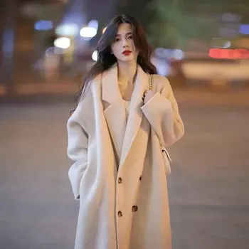  Осенние теплые искусственные шерстяные длинные пальто Женщины Корейские двубортные однотонные шерстяные куртки Свободная элегантная Все матчевые смеси Верхняя одежда Новая