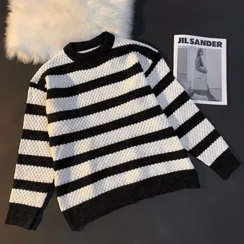 Осенний трикотажный свитер с круглым вырезом для мужчин полосатый пуловер мужской свободный повседневный трикотаж 2023 корейский модный мужской свитер оверсайз A141