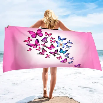  Пляжное полотенце с принтом бабочки Негабаритное, Пляжное полотенце из микрофибры Быстросохнущее легкое Большие полотенца Супер впитывающее полотенце без песка