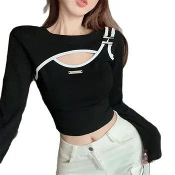 Поддельная футболка с длинным рукавом из двух частей Женская рубашка с новым дизайном Sense Bottom Рубашка Мода Иностранный стиль Короткий топ