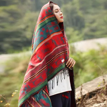  Популярный национальный стиль Женщины Толстое дорожное одеяло Кашемировый шарф Хиджаб Обертывание Роскошный цветочный квадратный платок Шаль Всематчевые шарфы