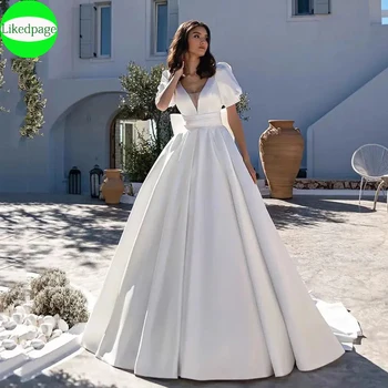 Простые атласные свадебные платья с пышными рукавами для женщин2024 V-образный вырез Vestidos De Novia с карманами Бант А-образный силуэт Свадебное платье Sweep Train