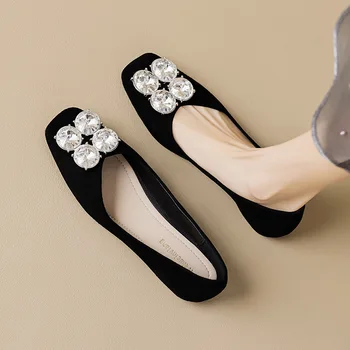  Размер 34-43 Обувь на плоской подошве с квадратным носком Женская летняя обувь со стразами Slip-on Boat