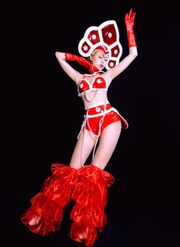 Рождественские костюмы Красный жемчуг танцевальный костюм головной убор девушка сцена танцевальная одежда