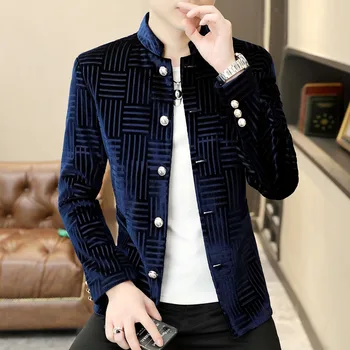 Роскошные бархатные мужские пиджаки Slim Fit Элегантный мандариновый воротник Модные куртки для мужчин Велюр Стильная одежда Серебристый синий