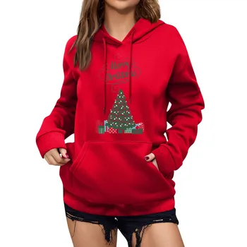 С длинным рукавом Модный женский пуловер с капюшоном Зима 2024 Мода с длинными рукавами Рождественские женские толстовки с принтом Зима 한국 동대문 가을