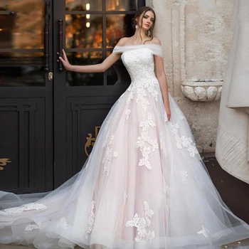 Светло-розовые свадебные платья принцессы с открытыми плечами аппликации кружевное платье невесты А-силуэт тюль в стиле бохо свадебное платье robe de mariage