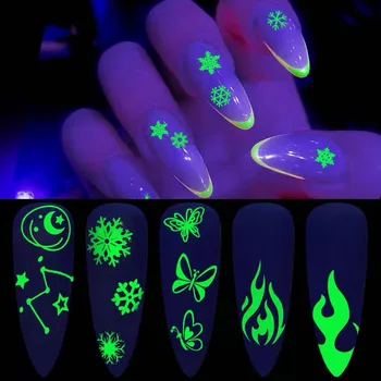 Светящиеся абстрактные наклейки для ногтей для лица 3D Роза Сердце Луна Солнце Лист Маникюр Наклейки Светящиеся в темноте Украшение для декора ногтей