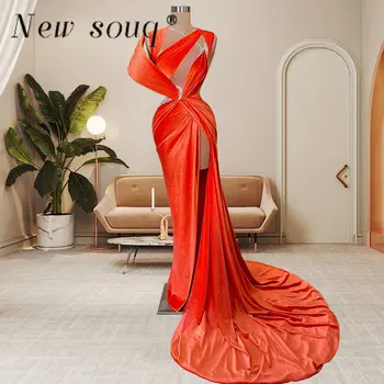 Сексуальные оранжевые бархатные вечерние платья с высоким разрезом для чернокожих девушек 2023 Дубай Длинные платья для вечеринок русалки больших размеров