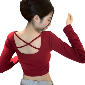  Сексуальные футболки с повязкой на спине, Женский осенний короткий укороченный топ с длинным рукавом, Горячая девушка Черная клубная вечеринка Внутренняя одежда, корейский стиль