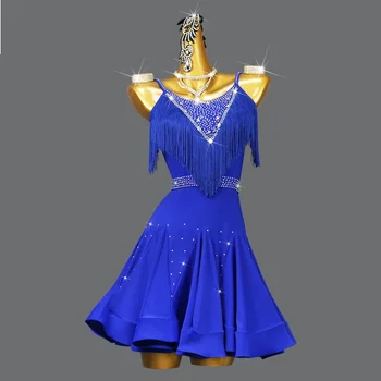 синий латинский танец бахрома платье сексуальная юбка на подтяжках для женщин девочек 0utdoorWear соревновательная одежда бесплатная доставка настроить ча