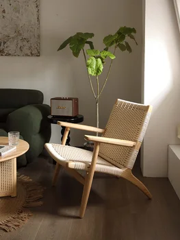 Скандинавское кожаное кресло в стиле ретро, семейный балкон, спальня, одноместный диван, кресло для отдыха, проживание в семье, плетеное из массива дерева