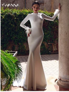 Скромное свадебное платье с высоким воротником и длинным рукавом Классические перья Халат невесты Элегантный атлас Прямое длинное свадебное платье Robe de Mariée