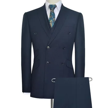 темно-синий Мужские костюмы Модный мужской облегающий деловой свадебный костюм Мужчины Anzug Herren Три части (Куртка + Жилет + Брюки)