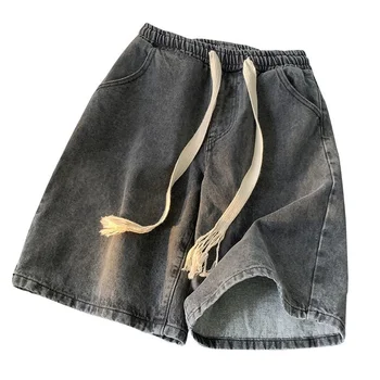 Тканые джинсовые шорты на шнурке для мужских летних тонких модных повседневных брюк Американские брюки свободного кроя с большой четвертью