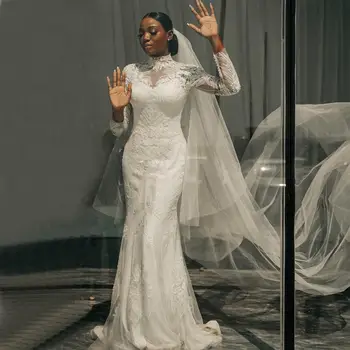  Тонкая кружевная аппликация с высоким воротником Русалка Свадебное платье Sweep Train Длинные рукава Robe De Mariage Платье для помолвки