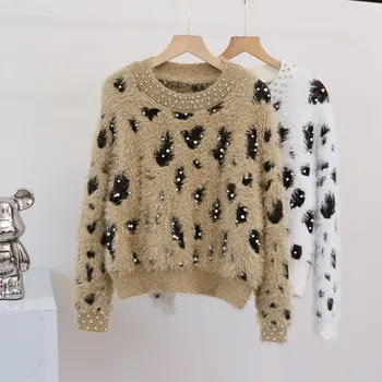 Утолщенный свитер с круглым вырезом и бисером с леопардовым принтом, женский 2023 новый осенне-зимний верхняя одежда, короткий свободный трикотажный пуловер, топ