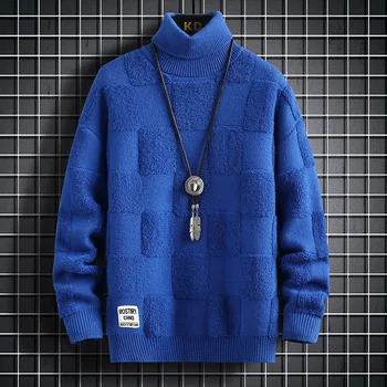 Утолщенный теплый свитер с высоким воротником / Высококачественный мужской зимний чистый корейский тонкий повседневный модный бренд свободный вязаный пуловер в клетку