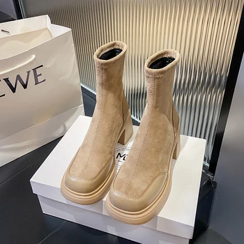  французские коренастые ботинки челси на высоком каблуке женская зимняя обувь 2023 новый бренд замшевые туфли на платформе скольжение мотоциклетные ботинки