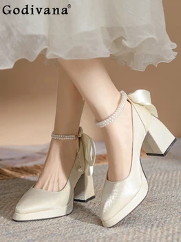 Французский стиль Элегантные сладкие женские бисерные высокие каблуки Весна и осень Мода All-Match с острым носком Однотонная обувь Мэри Джейн