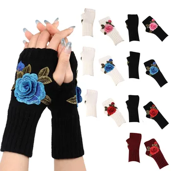 Хорошее качество Спортивный бог Дамы теплые трикотажные перчатки без пальцев трансформируемые варежки модные цветы