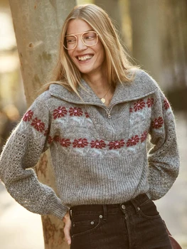  Цветочная вышивка Пуловер Топы Женщины Зима С длинным рукавом Половина Молния Свободный вязаный свитер 2022 Femme Элегантный повседневный джемпер Pull